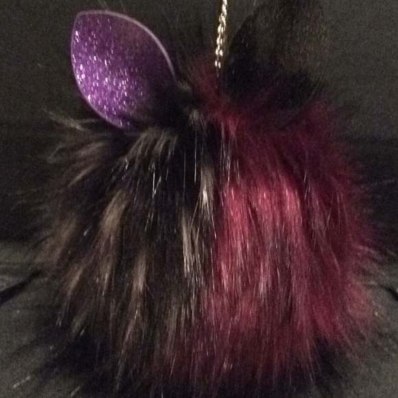 Furry Key Fob in Black / Burgundy - Picture 2 of 4